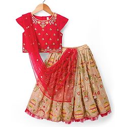 Babyhug Chanderi Woven Half Sleeves Choli Lehenga Set with Floral Embroidery & Dupatta - Beige & Red