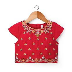 Babyhug Chanderi Woven Half Sleeves Choli Lehenga Set with Floral Embroidery & Dupatta - Beige & Red