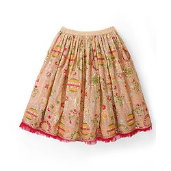 Babyhug Chanderi Woven Half Sleeves Choli Lehenga Set with Floral Embroidery & Dupatta - Beige & Red