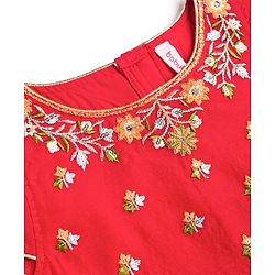 Babyhug Chanderi Woven Half Sleeves Choli Lehenga Set with Floral Embroidery & Dupatta - Beige & Red