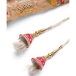 Babyhug Chanderi Woven Half Sleeves Choli Lehenga Set with Floral Embroidery & Dupatta - Beige & Red