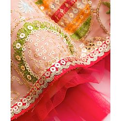 Babyhug Chanderi Woven Half Sleeves Choli Lehenga Set with Floral Embroidery & Dupatta - Beige & Red
