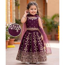Babyhug Chanderi Woven Sleeveless Embroidered Lehenga Choli Set & Dupatta With Sequin Detailing - Wine
