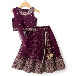 Babyhug Chanderi Woven Sleeveless Embroidered Lehenga Choli Set & Dupatta With Sequin Detailing - Wine