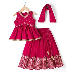 Babyhug Georgette Woven  Sleeveless Choli Lahenga Dupatta Set with Sequinned Detailing - Dark Pink
