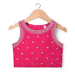 Babyhug Chanderi Woven Sleeveless Choli Lehenga Set & Dupatta With Sequin Detailing - Fuschia