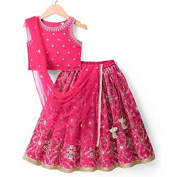Babyhug Chanderi Woven Sleeveless Choli Lehenga Set & Dupatta With Sequin Detailing - Fuschia
