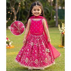 Babyhug Chanderi Woven Sleeveless Choli Lehenga Set & Dupatta With Sequin Detailing - Fuschia