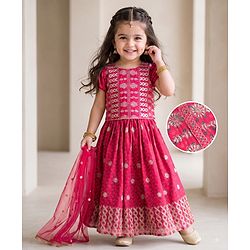 Babyhug Woven Half Sleeves Floral Printed & Embroidered Lehenga Choli Set With Dupatta Set - Fuchsia