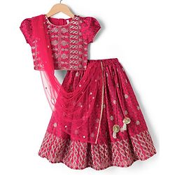 Babyhug Woven Half Sleeves Floral Printed & Embroidered Lehenga Choli Set With Dupatta Set - Fuchsia