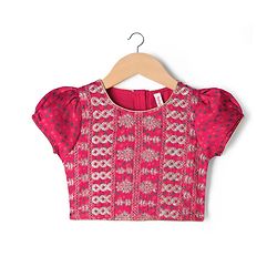 Babyhug Woven Half Sleeves Floral Printed & Embroidered Lehenga Choli Set With Dupatta Set - Fuchsia