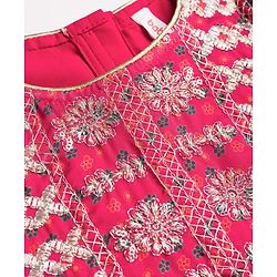 Babyhug Woven Half Sleeves Floral Printed & Embroidered Lehenga Choli Set With Dupatta Set - Fuchsia