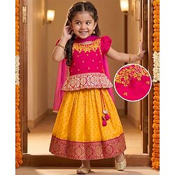 Babyhug Woven Half Sleeves Floral Embroidered & Printed Pattu Pavada Lehenga Choli Set With Dupatta - Yellow & Fuchsia