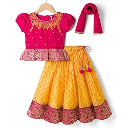 Babyhug Woven Half Sleeves Floral Embroidered & Printed Pattu Pavada Lehenga Choli Set With Dupatta - Yellow & Fuchsia