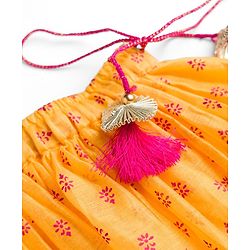 Babyhug Woven Half Sleeves Floral Embroidered & Printed Pattu Pavada Lehenga Choli Set With Dupatta - Yellow & Fuchsia