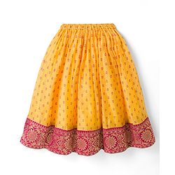 Babyhug Woven Half Sleeves Floral Embroidered & Printed Pattu Pavada Lehenga Choli Set With Dupatta - Yellow & Fuchsia