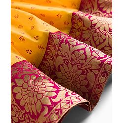 Babyhug Woven Half Sleeves Floral Embroidered & Printed Pattu Pavada Lehenga Choli Set With Dupatta - Yellow & Fuchsia