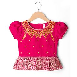 Babyhug Woven Half Sleeves Floral Embroidered & Printed Pattu Pavada Lehenga Choli Set With Dupatta - Yellow & Fuchsia