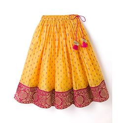 Babyhug Woven Half Sleeves Floral Embroidered & Printed Pattu Pavada Lehenga Choli Set With Dupatta - Yellow & Fuchsia