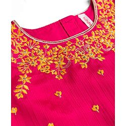 Babyhug Woven Half Sleeves Floral Embroidered & Printed Pattu Pavada Lehenga Choli Set With Dupatta - Yellow & Fuchsia