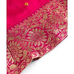 Babyhug Woven Half Sleeves Floral Embroidered & Printed Pattu Pavada Lehenga Choli Set With Dupatta - Yellow & Fuchsia