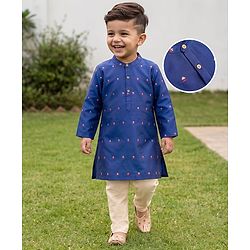 Babyhug Brocade Woven Full Sleeves Printed Kurta Pyjama Set - Navy Blue