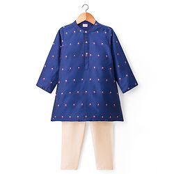 Babyhug Brocade Woven Full Sleeves Printed Kurta Pyjama Set - Navy Blue