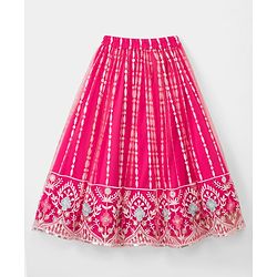 Babyhug Net Woven Frill Sleeves Lehenga Choli & Dupatta With Floral Embroidery & Sequin Detailing - Pink
