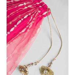 Babyhug Net Woven Frill Sleeves Lehenga Choli & Dupatta With Floral Embroidery & Sequin Detailing - Pink