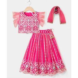 Babyhug Net Woven Frill Sleeves Lehenga Choli & Dupatta With Floral Embroidery & Sequin Detailing - Pink