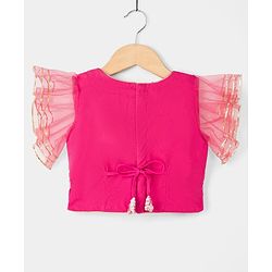 Babyhug Net Woven Frill Sleeves Lehenga Choli & Dupatta With Floral Embroidery & Sequin Detailing - Pink