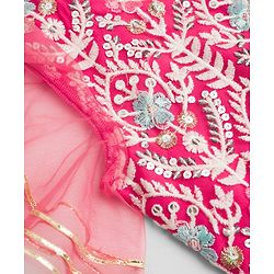 Babyhug Net Woven Frill Sleeves Lehenga Choli & Dupatta With Floral Embroidery & Sequin Detailing - Pink