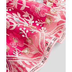 Babyhug Net Woven Frill Sleeves Lehenga Choli & Dupatta With Floral Embroidery & Sequin Detailing - Pink