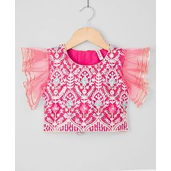 Babyhug Net Woven Frill Sleeves Lehenga Choli & Dupatta With Floral Embroidery & Sequin Detailing - Pink