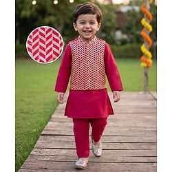 Babyhug Cotton Blend Woven Full Sleeves Kurta Pyjama Set With Nehru Jacket - Red