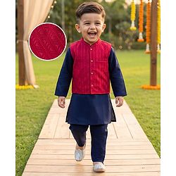 Babyhug Cotton Blend Woven Full Sleeves Solid Colour Kurta Pyjama Set with Embrodered Jacket - Navy