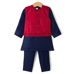 Babyhug Cotton Blend Woven Full Sleeves Solid Colour Kurta Pyjama Set with Embrodered Jacket - Navy