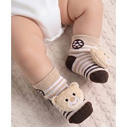Cute Walk By Babyhug Striped Socks Shoes With Bear Applique - Brown