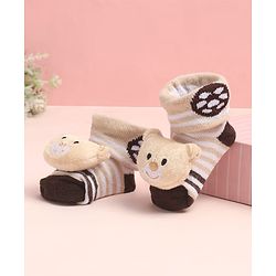 Cute Walk By Babyhug Striped Socks Shoes With Bear Applique - Brown