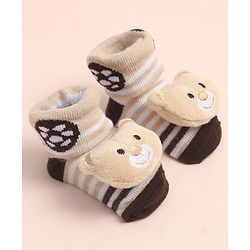 Cute Walk By Babyhug Striped Socks Shoes With Bear Applique - Brown