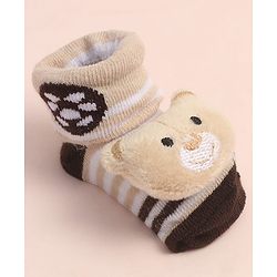 Cute Walk By Babyhug Striped Socks Shoes With Bear Applique - Brown