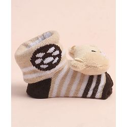 Cute Walk By Babyhug Striped Socks Shoes With Bear Applique - Brown