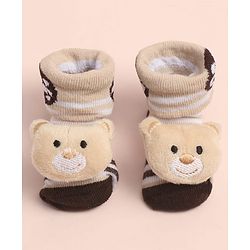 Cute Walk By Babyhug Striped Socks Shoes With Bear Applique - Brown