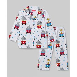Babyhug Cotton Knit Full Sleeves Shirt & Pyjama Night Suit With Animal Print - White
