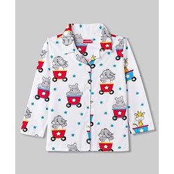 Babyhug Cotton Knit Full Sleeves Shirt & Pyjama Night Suit With Animal Print - White