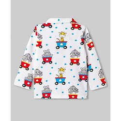 Babyhug Cotton Knit Full Sleeves Shirt & Pyjama Night Suit With Animal Print - White