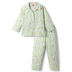 Babyhug 100% Cotton Knit Full Sleeves Co Ord Shirt & Pyjama Night Suit Bunny Print - Green