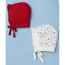 Babyhug 100% Cotton Interlock Knit Cap with Floral Print Pack of 2 Red White - Diameter 10.5 cm