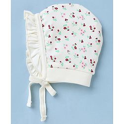 Babyhug 100% Cotton Interlock Knit Cap with Floral Print Pack of 2 Red White - Diameter 10.5 cm