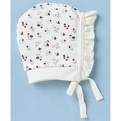 Babyhug 100% Cotton Interlock Knit Cap with Floral Print Pack of 2 Red White - Diameter 10.5 cm